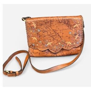 Patricia Nash Leather Map Print Floral Bird Scalloped Flap Whipstitch Brown